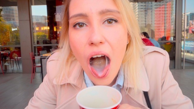 Can you Improve Coffee with Sperm? =) Student Girl Suck in Public Toilet until Cum in Mouth