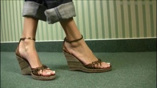 Incredible long feet and toes in very cute wedge sandals.